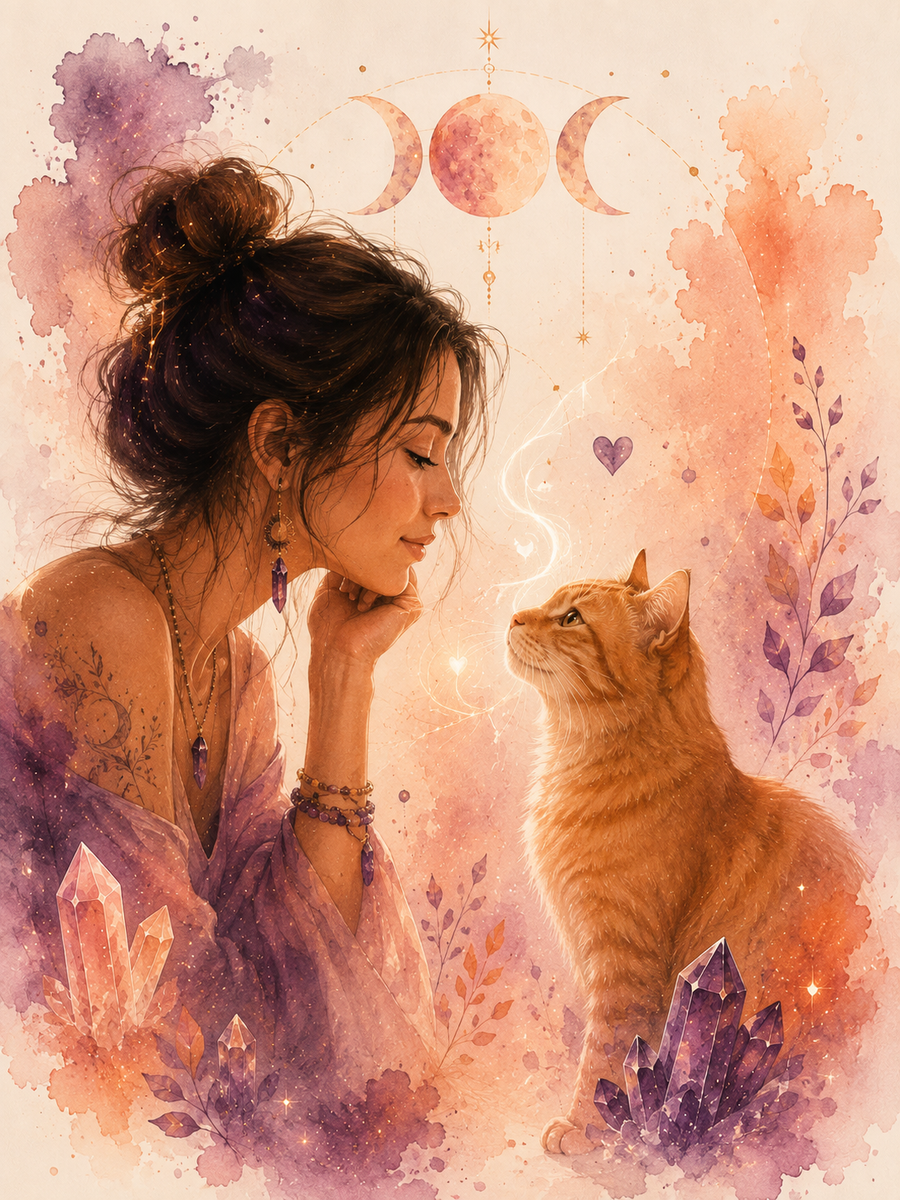 Illustration d'un accompagnement énergétique et de communication animale avec un chat