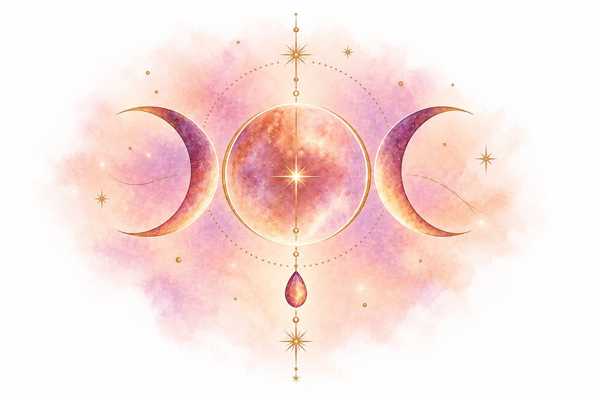 Illustration symbolique en triple lune et pierre pour l'accompagnement énergétique
