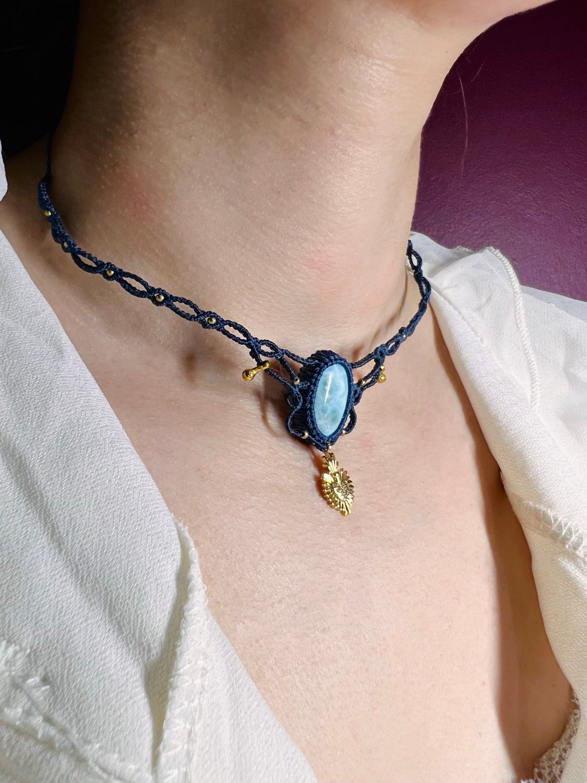 Collier « Marie » — Larimar & Ex-voto sacré